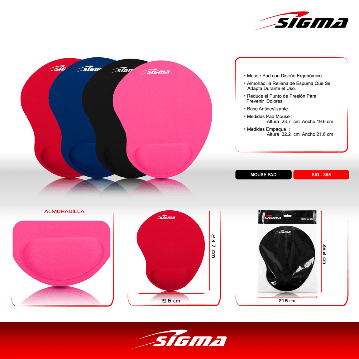 Mouse Pad Ergonómico Sigma SIG X55 con Muñequera – 24.5 x 20.5 cm - Imagen 2