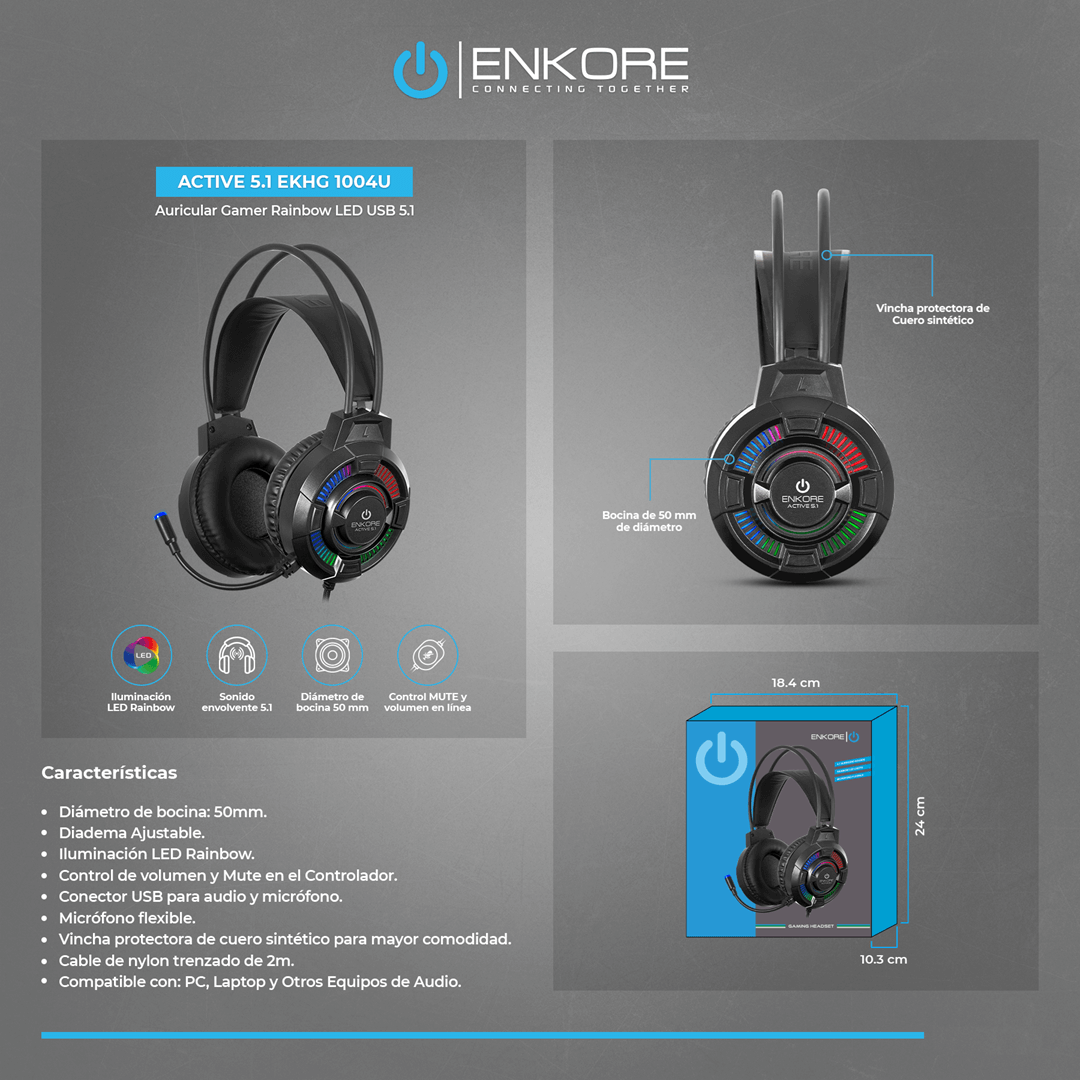 Audífonos Gamer Enkore Active 5.1 EKHG1004U LED Rainbow USB - Imagen 6