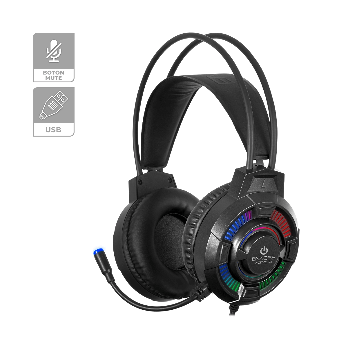 Audífonos Gamer Enkore Active 5.1 EKHG1004U LED Rainbow USB - Imagen 2