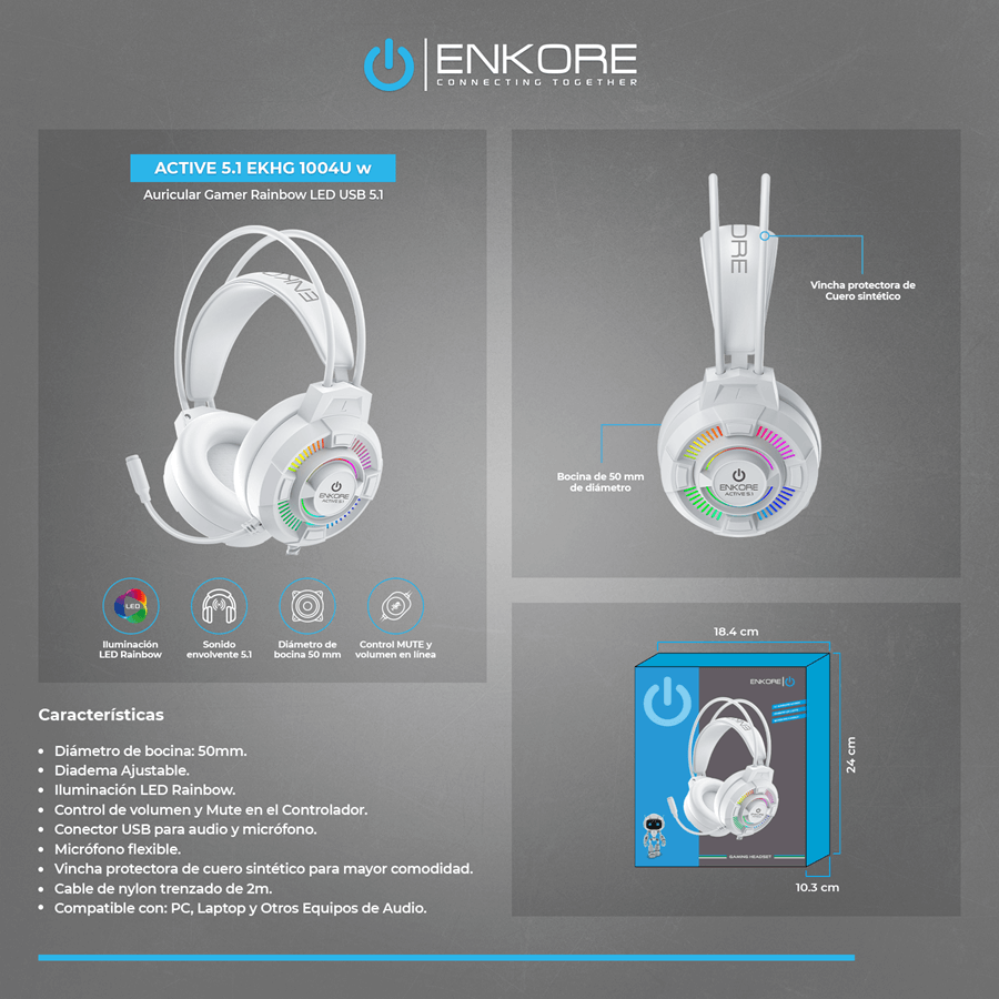 Audífonos Gamer Enkore Active 5.1 EKHG1004U LED Rainbow USB - Imagen 5