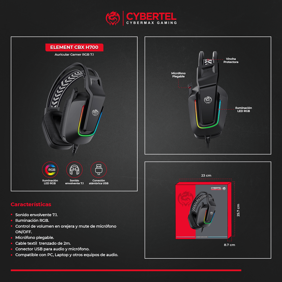 Auriculares Gamer Cybertel Cybermax Element RGB 7.1 USB – Modelo H700 - Imagen 3